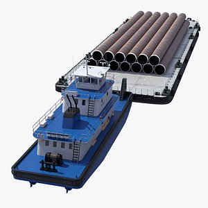 Push Boat Ship with Pontoon Barge and Subsea Pile