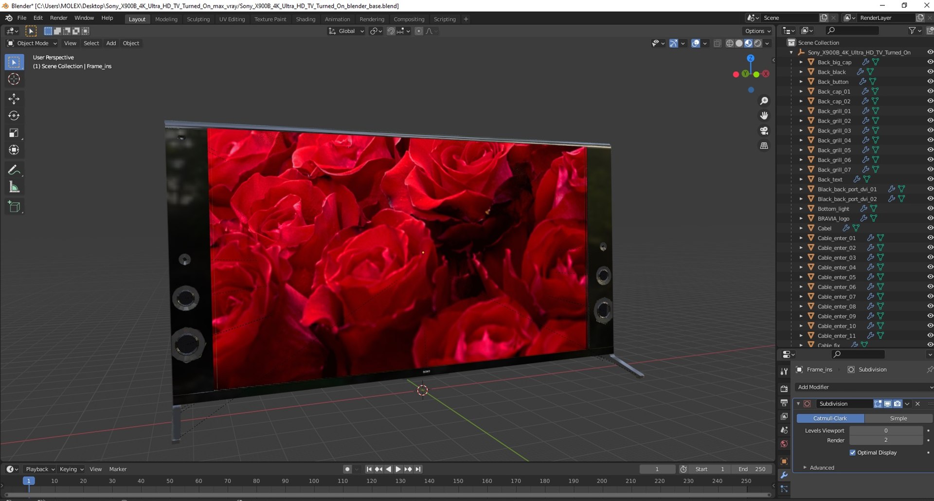 Sony X900B 4K Ultra HD TV Turned On 3D model preview