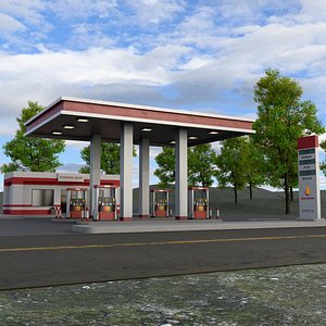 Modern Gas Station with Pumps and Shop