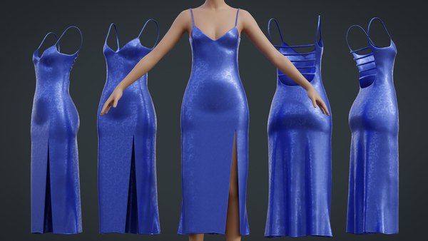 3D model Blue Backless Maxi Dress - Spaghetti Strap Dinner Gown