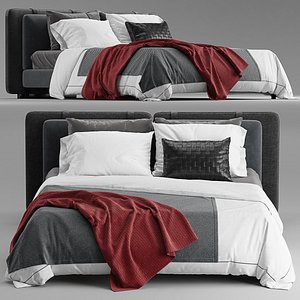 Minotti tatlin soft Contemporary Upholstered Bed with Red Throw and Leather Accent Pillow