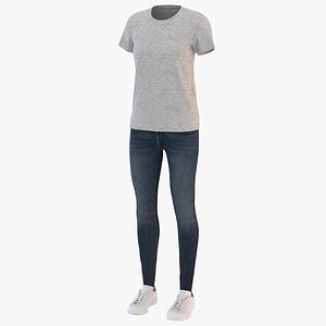 women t-shirt jeans sneakers 3D model