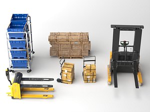 3D Warehouse Forklift Hand Trolley Plastic Crate Cargo Pallet 3D Pack