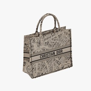 3D Large Dior Book Tote Beige and Black Plan de Paris Embroidery model