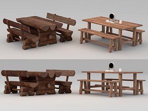 3D model Rustic Log and Modern Solid Wood Picnic Table Set