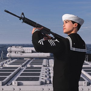 3D Asian Sailor in Black Uniform with Rifle model
