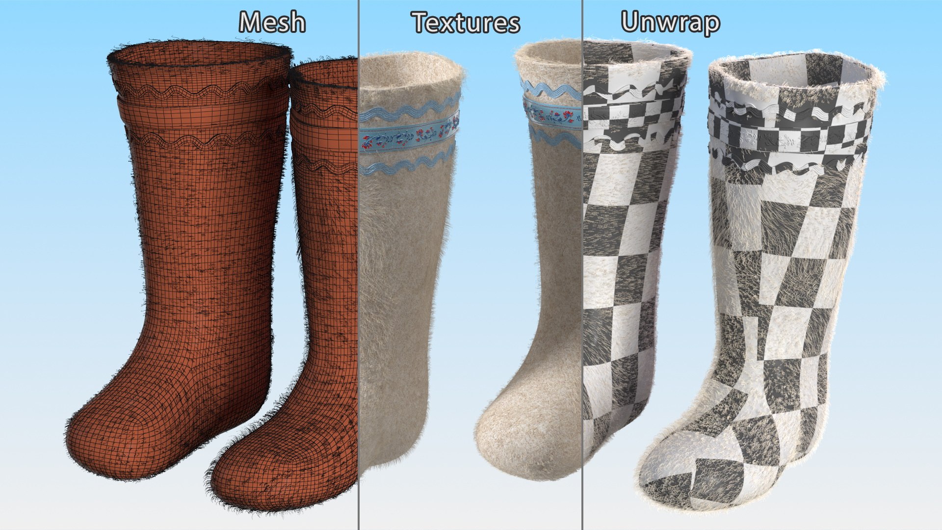 Warm White Felt Boots With Embroidery Fur 3D https://p.turbosquid.com/ts-thumb/y1/dl0ocG/is/warmwhitefeltbootswithembroideryfurc4dmodel014/jpg/1667086498/1920x1080/fit_q87/461fb8bd98a94f94b8bf8bd7d3cec5355f4e480d/warmwhitefeltbootswithembroideryfurc4dmodel014.jpg