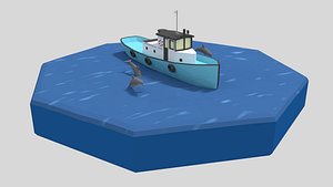 scene fishing boat dolphins 3D