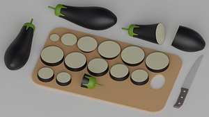Cartoon Eggplant Slice Chopping Board Kitchen Knife 3D model 3D model