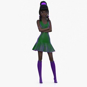Cartoon Girl African Modern Dress Standing Gloomy Green 3D