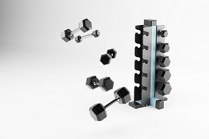 Set of dumbbells for sport on a special black metal stand