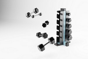 Set of dumbbells for sport on a special black metal stand