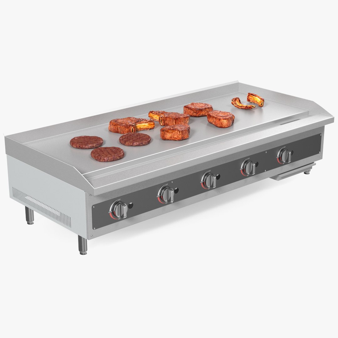 Large Flat Top Gas Countertop Griddle with Meat 3D model preview