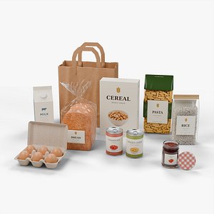 Grocery Packaging Set with Paper Bag and Detailed Food