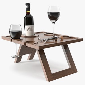 3D model Rustic Wine Table with Corkscrew and Red Wine