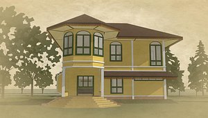 3D model Colonial house in sepia