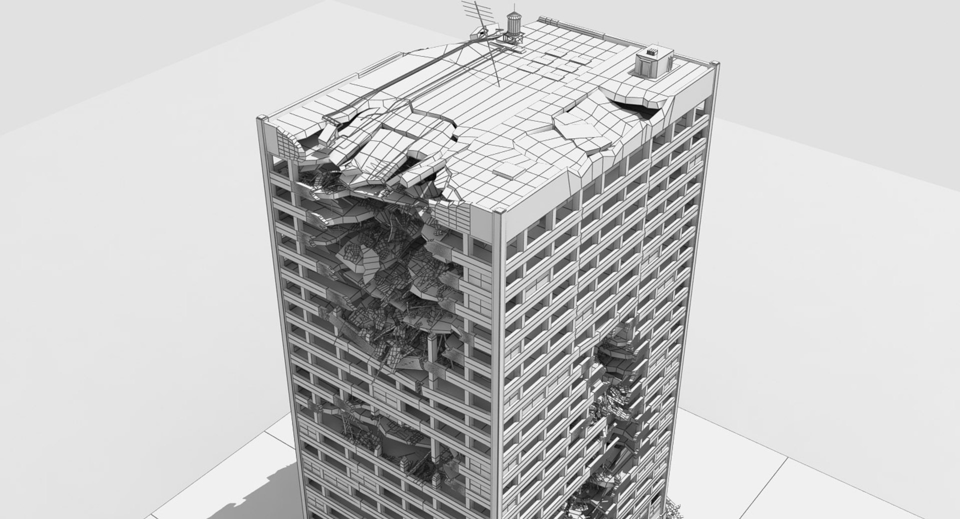 3d destroyed ruined building skyscrapers model