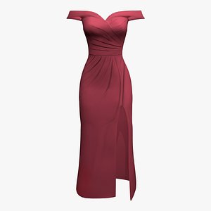 3D Front Slit Wrap Around Off Shoulder Maroon Color Long Gown Dress model