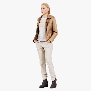 3D model Casual Blonde in Brown Leather Jacket and Jeans Remastered