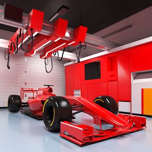 3D Race Car Garage and F1 Car model