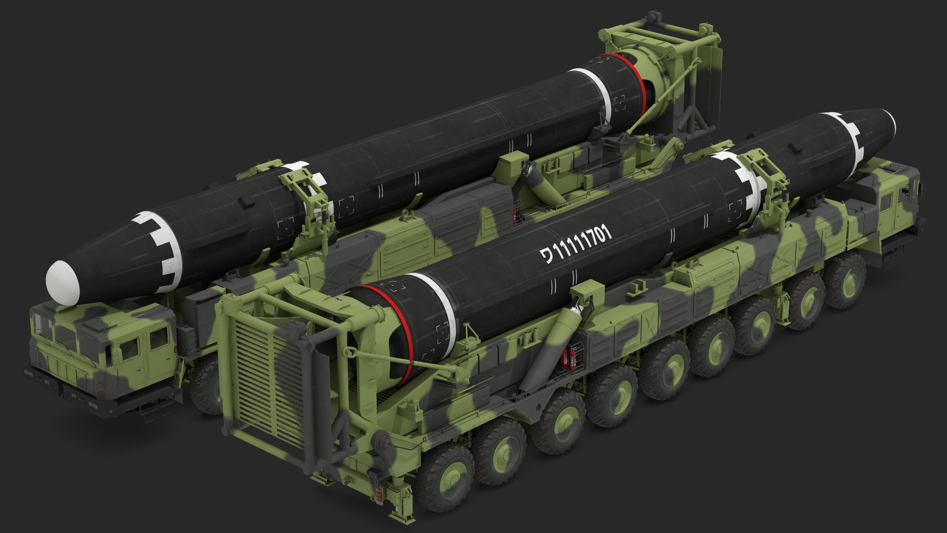 hwasong-15 transporter erector vehicle 3D https://p.turbosquid.com/ts-thumb/yA/4zs27C/AJspDq4x/hwasong15transportererectorvehiclewithintercontinentalballisticmissilecleanriggedc4dmodel008/jpg/1584466287/1920x1080/fit_q87/e562dde4311db44388444938cf8c870a8446b09b/hwasong15transportererectorvehiclewithintercontinentalballisticmissilecleanriggedc4dmodel008.jpg