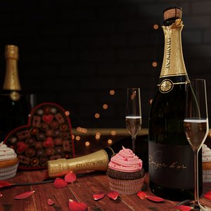 3D Champagne bottles and Glass