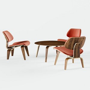 Eames Molded Plywood Lounge Chair Upholstered and Table