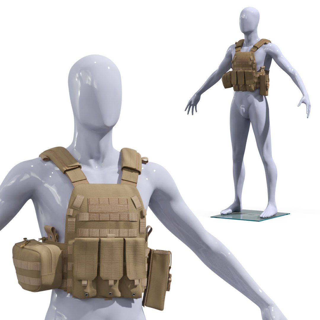 Coyote Brown Tactical Vest on Mannequin 3D model preview