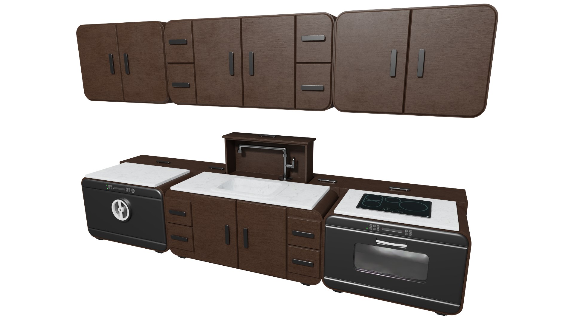 3D Modular dark wood kitchen furniture model - TurboSquid 1789360