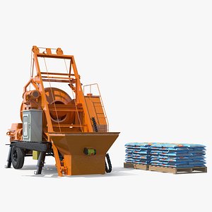 3D Portable Concrete Mixer Pump with Stacked Cement Bags model