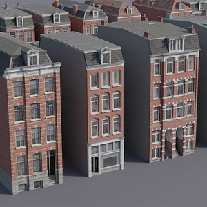Netherlands Dutch Style Traditional Brick Row Houses Set low-poly 3d model