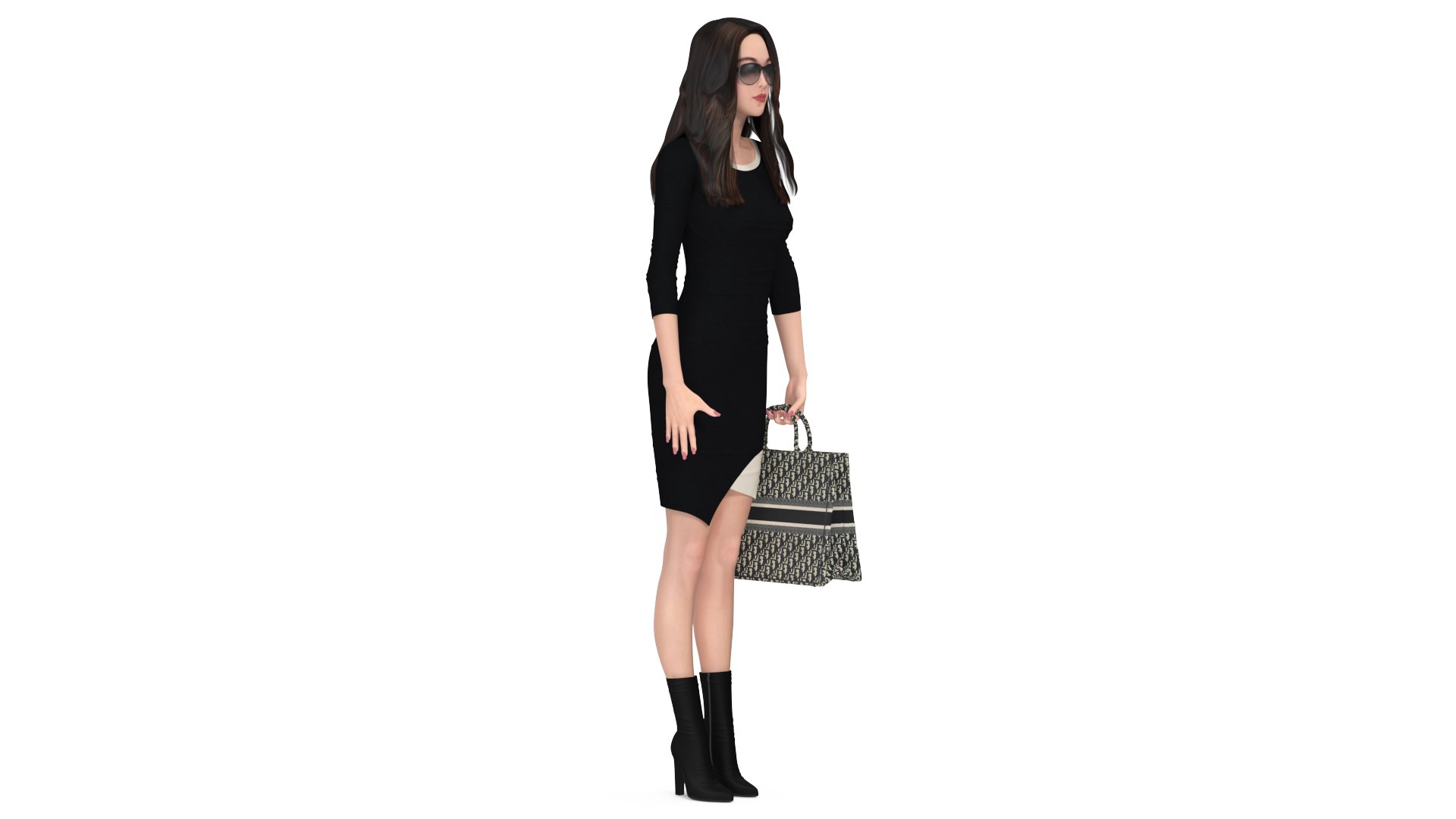Elegant Woman with Beige Tote Bag 3D model preview