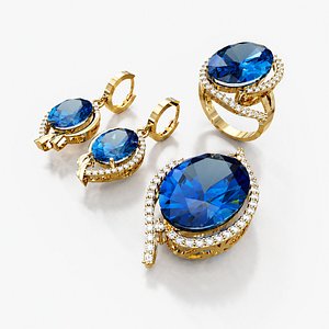 3D Royal Blue Sapphire Jewelry Set STL 3D Print Model
