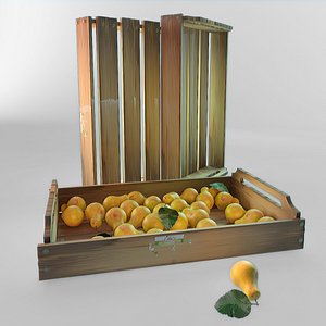 Bright pears in wooden box