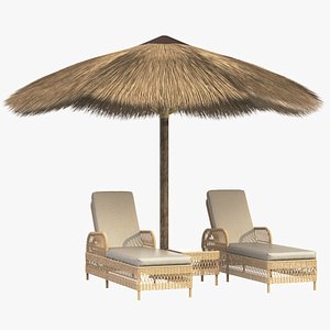 Wooden Sun Lounger With Thatch Umbrella