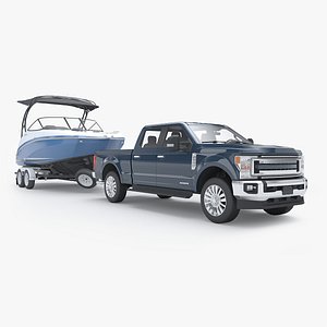 3D Truck With Trailer and Boat model