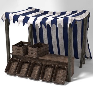 Medieval Market Stall Tent Blue and White 3D Model with Crates