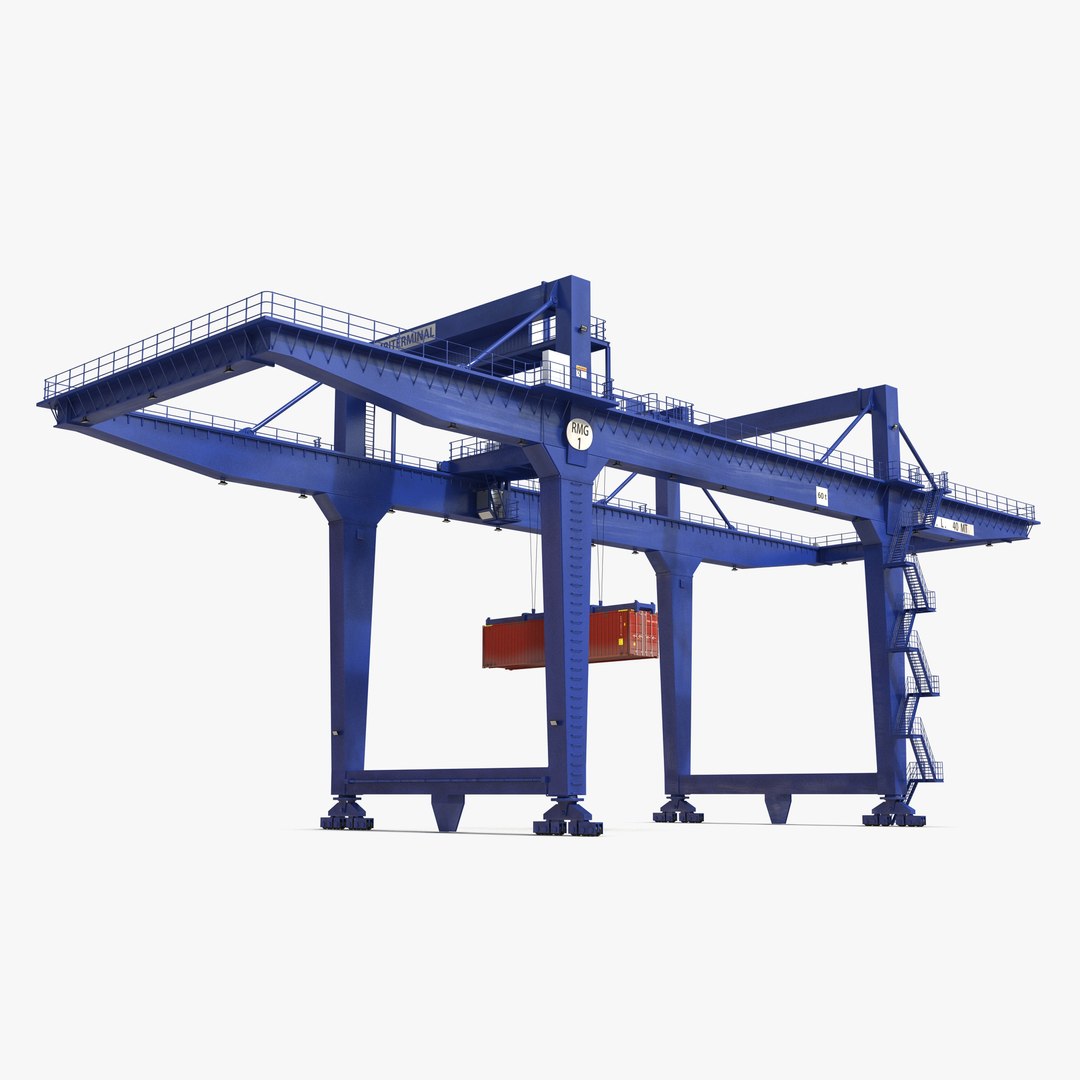 Rail Mounted Gantry Container Crane Blue and 40 ft ISO Container 3D model preview