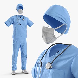 Uniform with Cap Mask Stethoscope Floating Blue 3D model