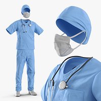 Uniform with Cap Mask Stethoscope Floating Blue