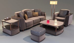 Living Room Furniture Set - 6 pcs. Coffee and end tables, sofa, armchair, floor lamp, decor