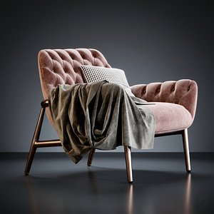 Modern Blush Velvet Tufted Chesterfield Armchair with Metal Legs 3D