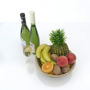 3D model bottle wine glass fruits