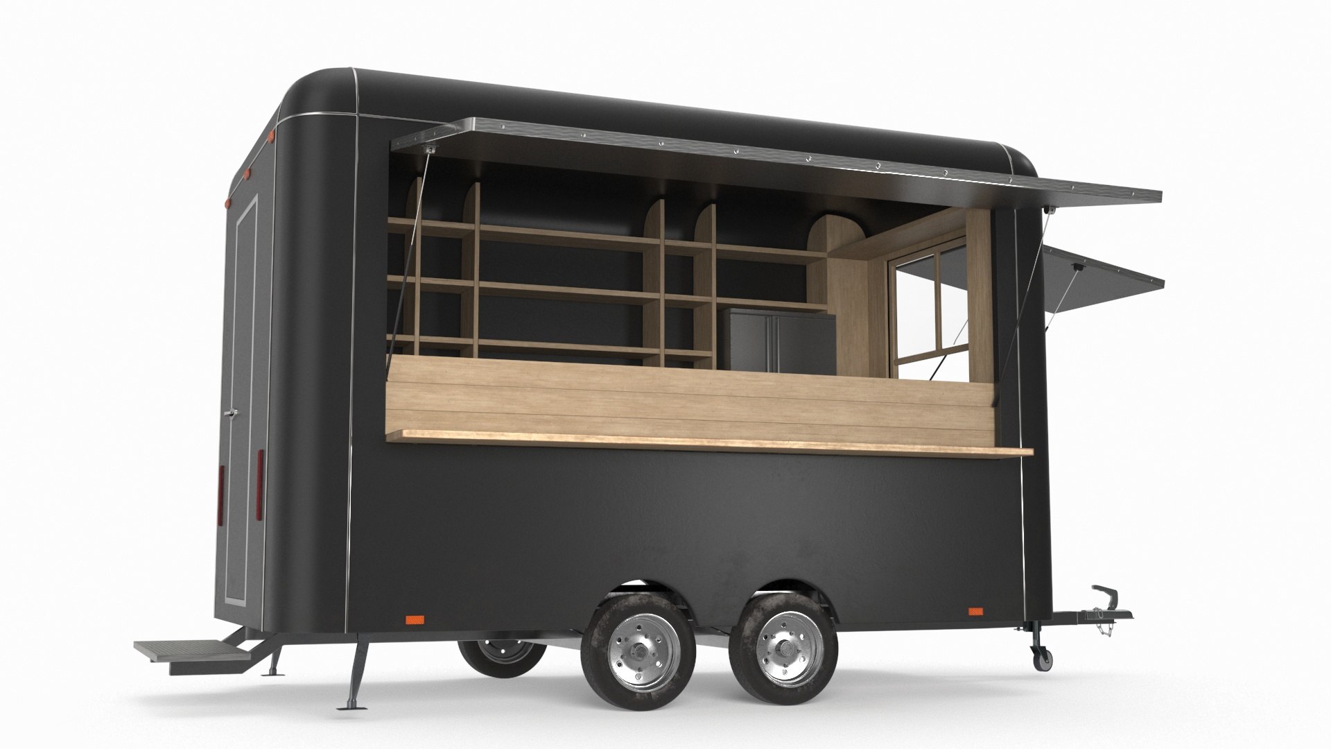 Food Trailer Black with Equipment 3D model preview