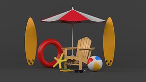 3D Beach Umbrella and Chair model