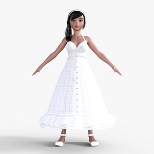 3D Cartoon Brunette Girl in White Dress