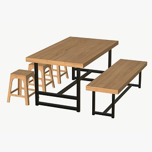 3D Realistic Wood Dining Table Stool model
