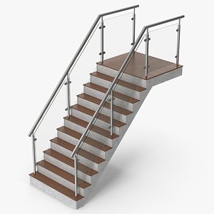 3D Dark Wood Glass Railing Stairs model