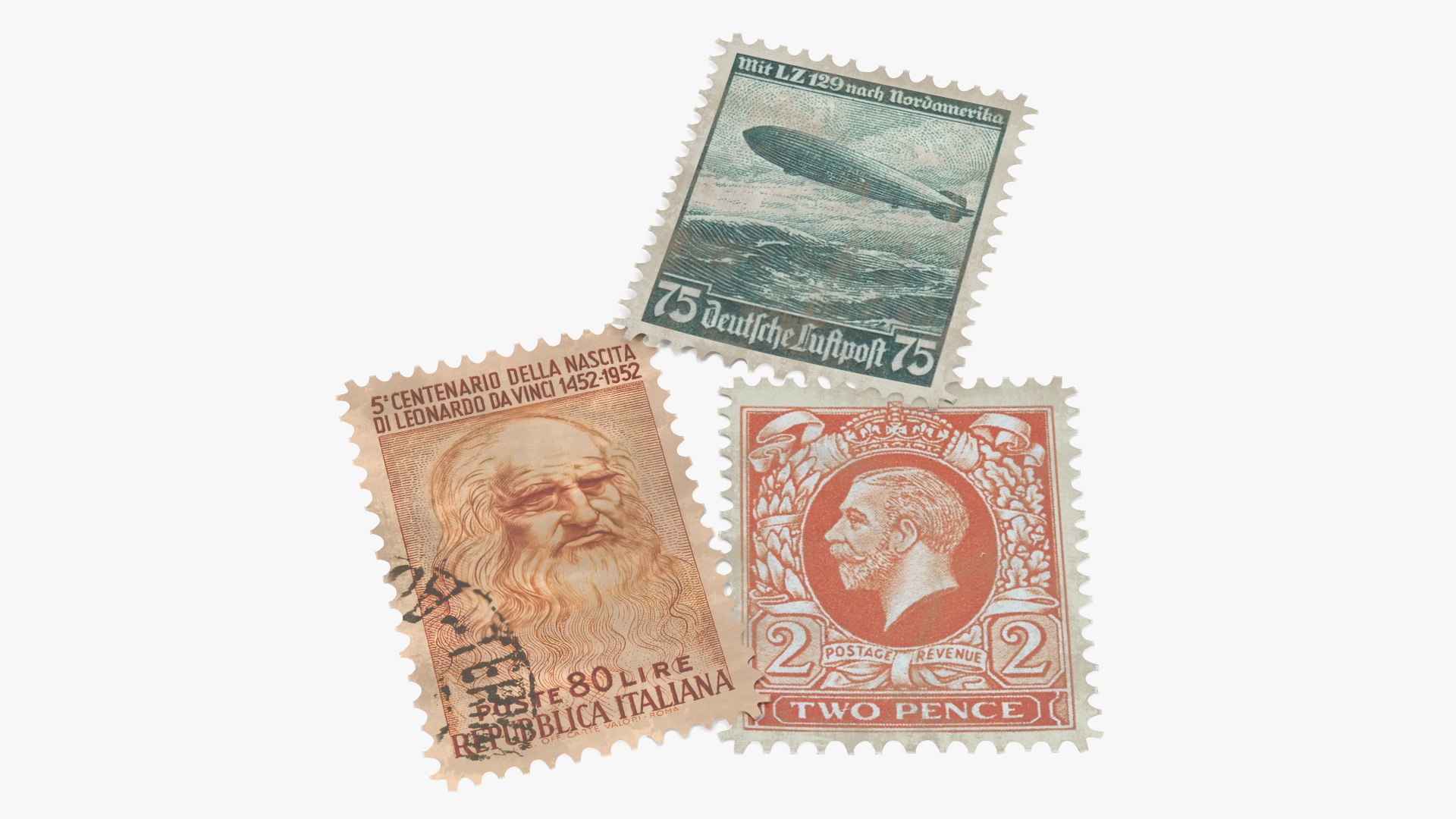 Old Commemorative Stamps Set Zeppelin Da Vinci King George 3D model preview