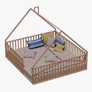 Wooden House Bed with Safety Rails and Decorative Bedding